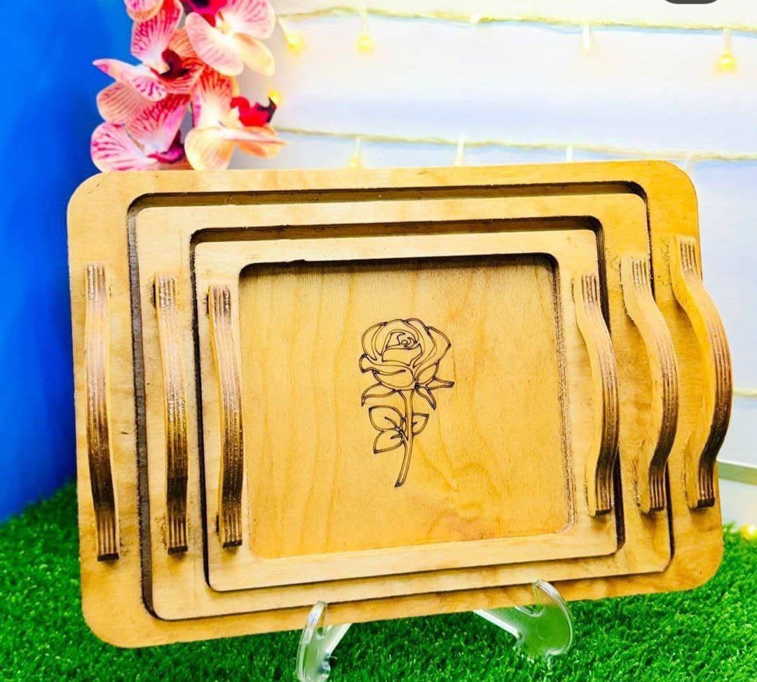 سینی چوبی ۳ سایز ( گل رز)