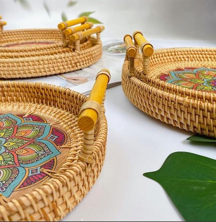 سینی گرد حصیری دسته دار راتان ( وارداتی)