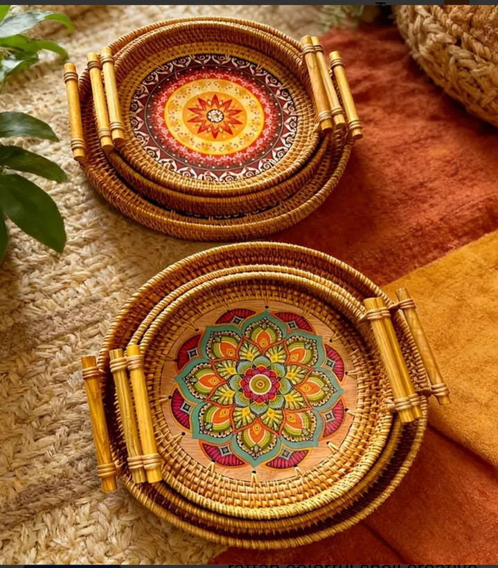 سینی گرد حصیری دسته دار راتان ( وارداتی)